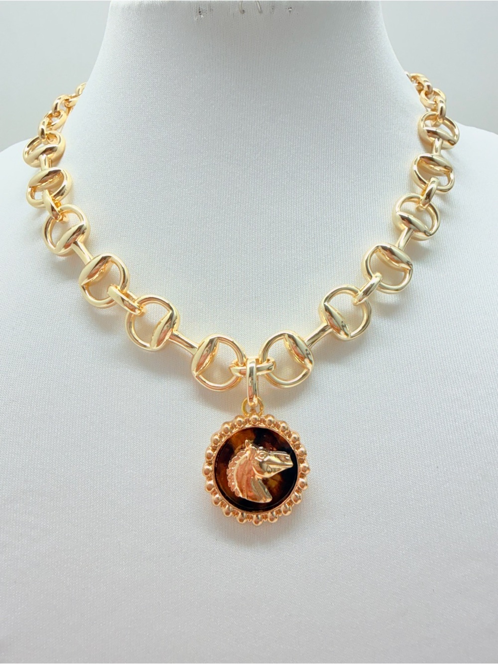 14k gold plated Horse bit Necklace & horsebit links with Horse pendant